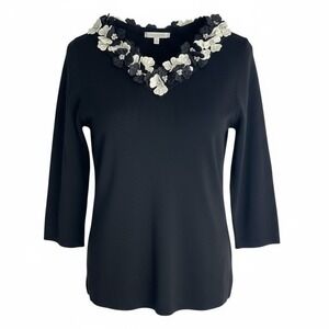 Metrick Knit Sweater Top Black‎ Floral Embellished Coquette Goth Fairy Medium